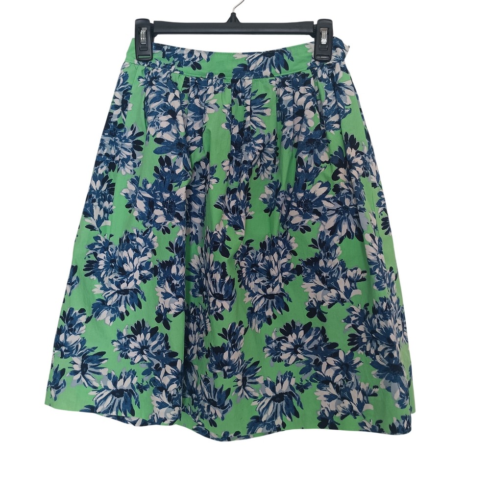 J.Crew Floral A-Line Skirt Womens 00 XS Green Blue Pleated Cotton Knee Length